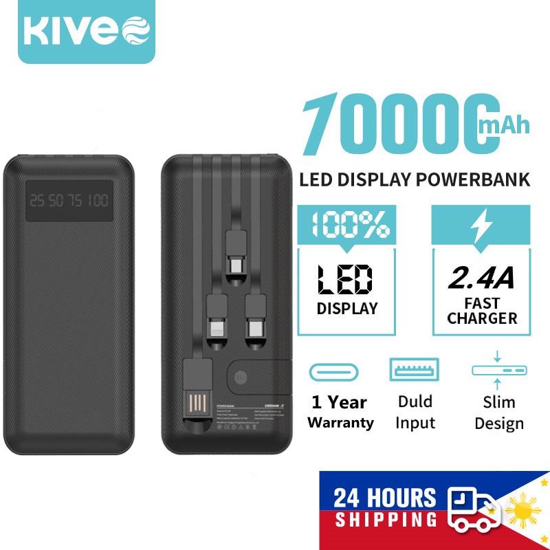 Pin Sạc Dự Phòng Kivee 10000mAh PT113P có tích hợp 3 dây cáp, sạc nhiều điện thoại cùng lúc - Bảo Hành 12 tháng