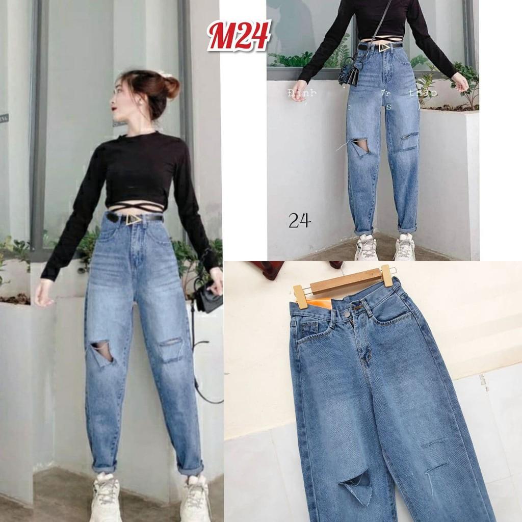 Quần jean baggy dài phối đường rách trẻ tung, QQUẦN JEAN DÀI M24