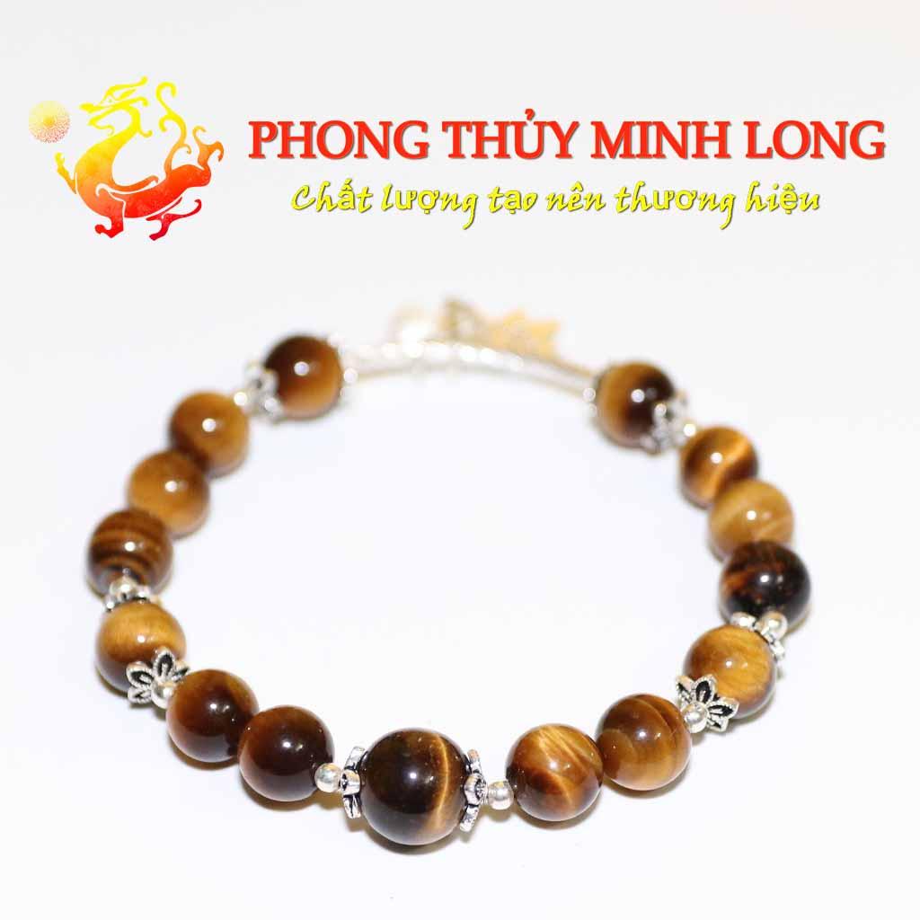 Vòng tay đá Mắt Hổ Vàng Nâu mix túi tiền lá bạch dương bạc nhỏ xinh với người mệnh Thổ và Kim