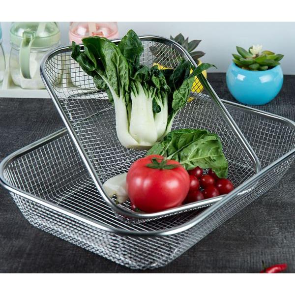 Rổ inox lưới thưa đựng thức ăn, rau củ quả hình chữ nhật 29x21x6cm siêu bền đẹp