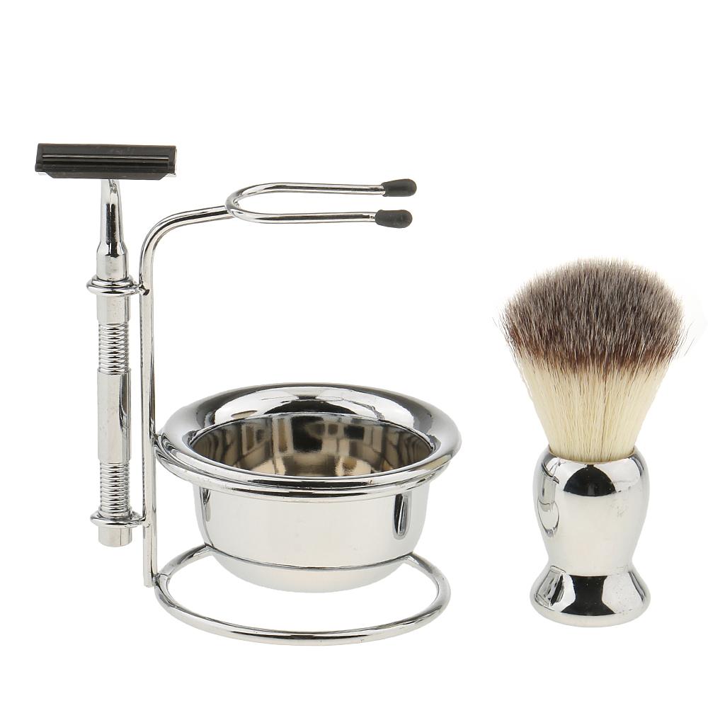 Mens Beard Removal Grooming Set, Wet Shave Kit, includes Brush, Safety Razors, Bowl and Stand Holder