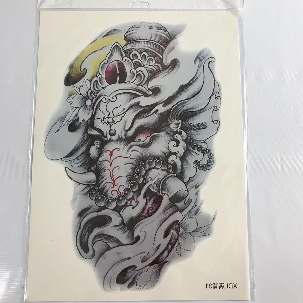 Hình xăm dán kín lưng cao cấp thần voi trắng đen 34x48cm