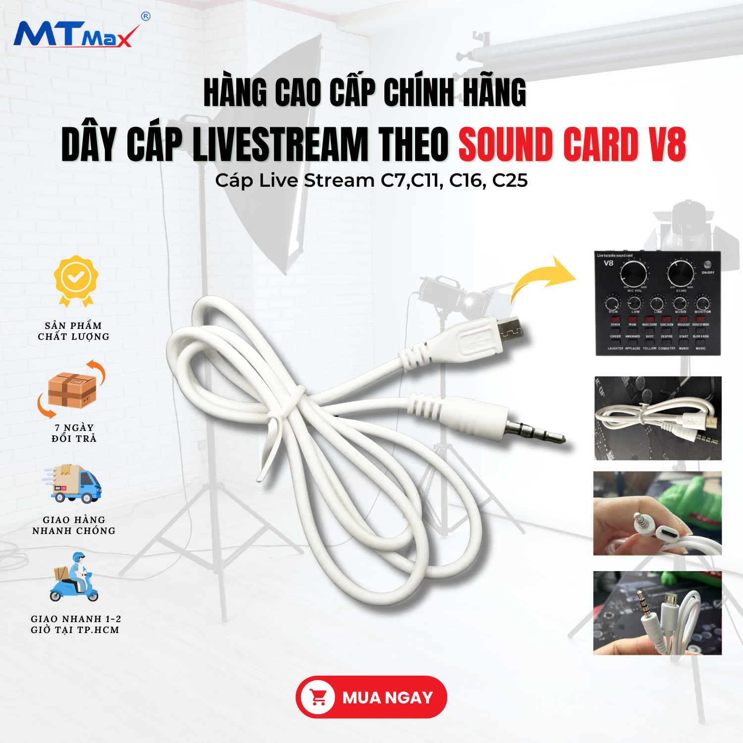 Dây LiveStream Kiêm Lấy Nhạc Chất Lượng Cao Cho Sound Card V8 - Cáp Livestream Theo Sound Card V8 - Cáp Live Stream C7,C11, C16, C25, Hàng Chính Hãng