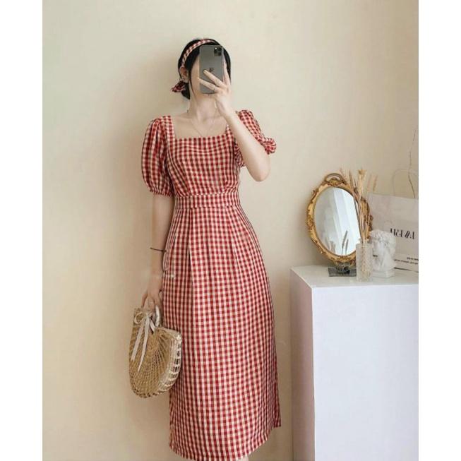 ĐẦM NỮ TAY NGẮN CARO ĐỎ ĐI CHƠI