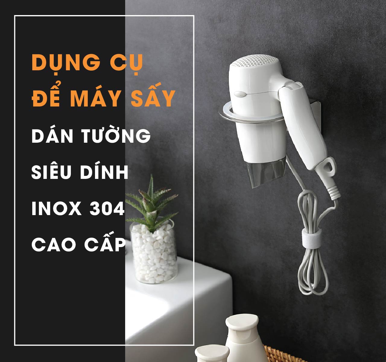 Kệ treo máy sấy tóc INOX 304 dán tường gạch men keo dán 3M siêu chắc - INOX