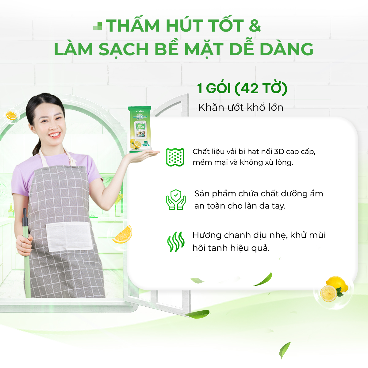 Khăn giấy ướt lau bếp Ecowipes khổ lớn 30x20 cm Kitchen Wipes gói 42 tờ loại bỏ dầu mỡ và vết bẩn nhanh chóng