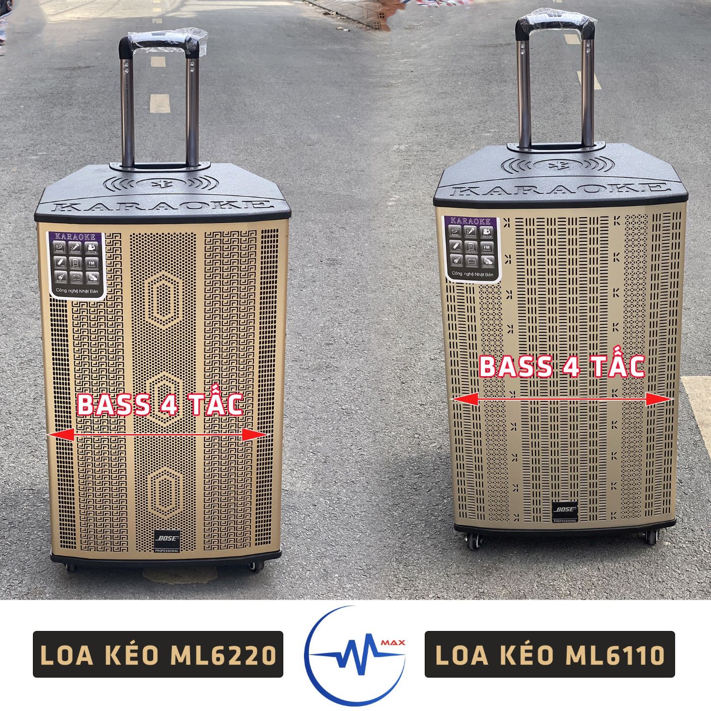 Loa kéo Bose ML6220 - Loa kéo di động bass 4 tấc - Công suất lên đến 900W - Kèm 2 micro không dây - Đầy đủ kết nối Bluetooth, AV, USB, TF card - Hiệu chỉnh Delay, Repeat, Echo, Bass, Treble dễ dàng - Có chức năng TWS - Hàng nhập khẩu