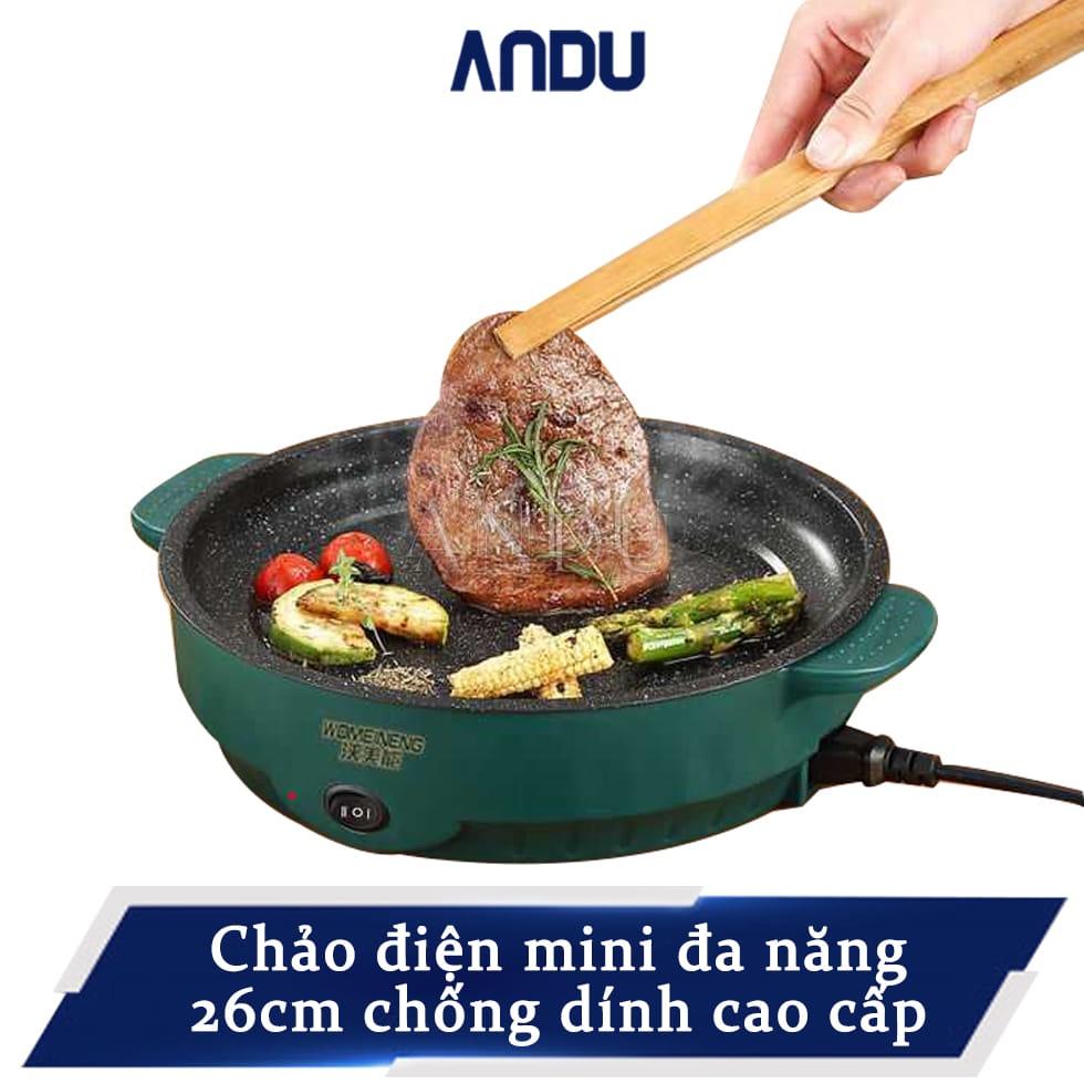 Bếp Nướng Điện Mini Chống Dính, Chảo Nướng Điện Đa Năng 26cm, Bếp Lẩu Nướng Mini