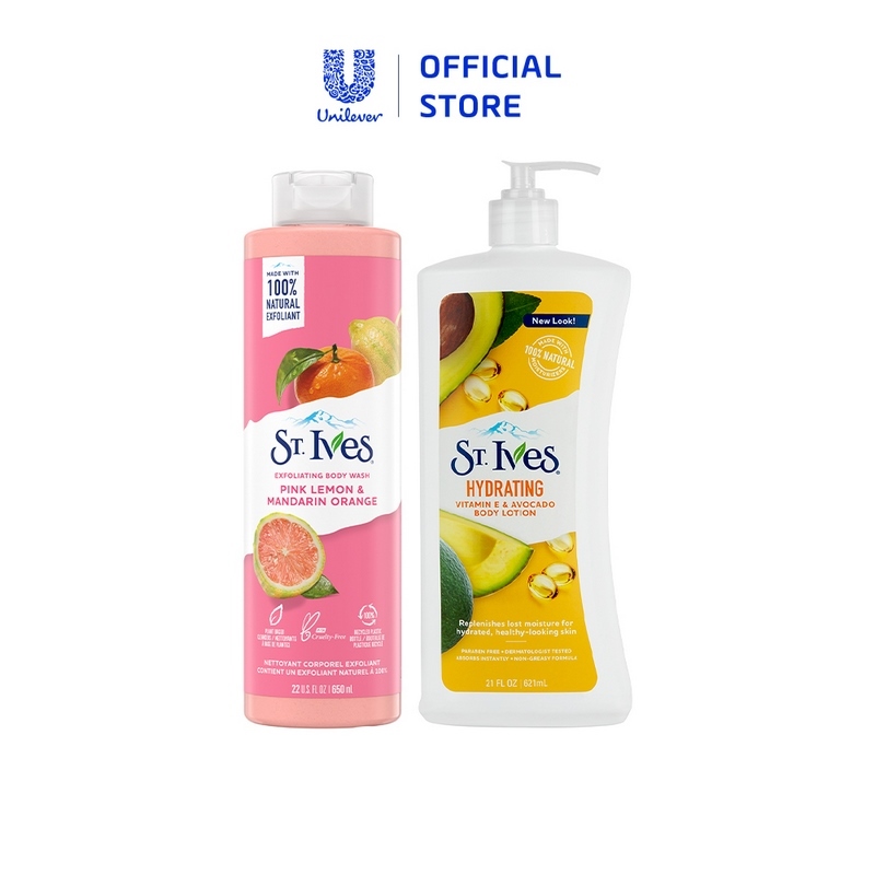 Combo Sữa tắm St.ives Cam chanh 650ml và Sữa dưỡng thể St.Ives E và bơ 621ml
