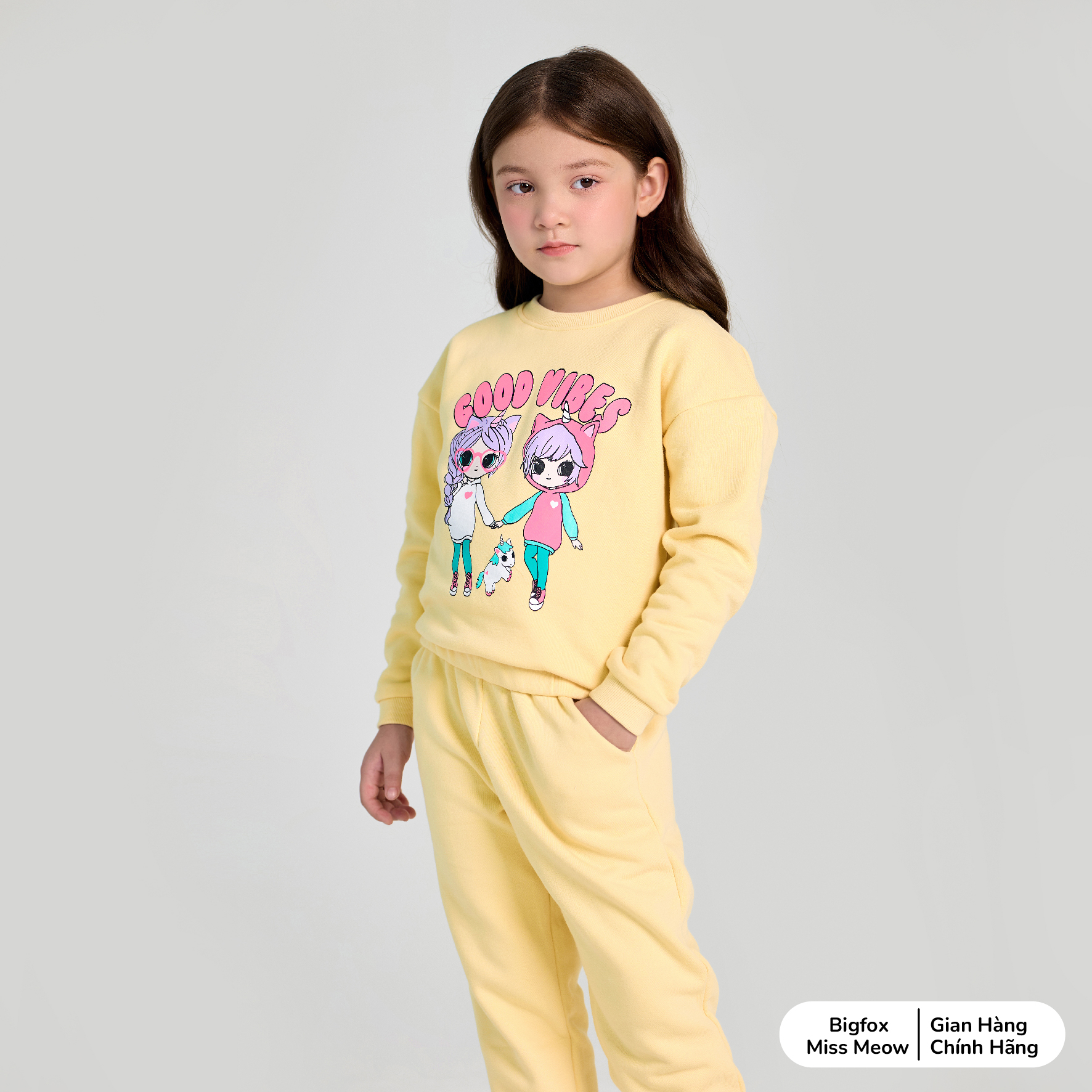 Bộ thu đông bé gái Bigfox Miss Meow size đại, bộ nỉ cho bé vải nỉ bông dày dặn in hai cô gái Good Vibes size 3,4…11 tuổi