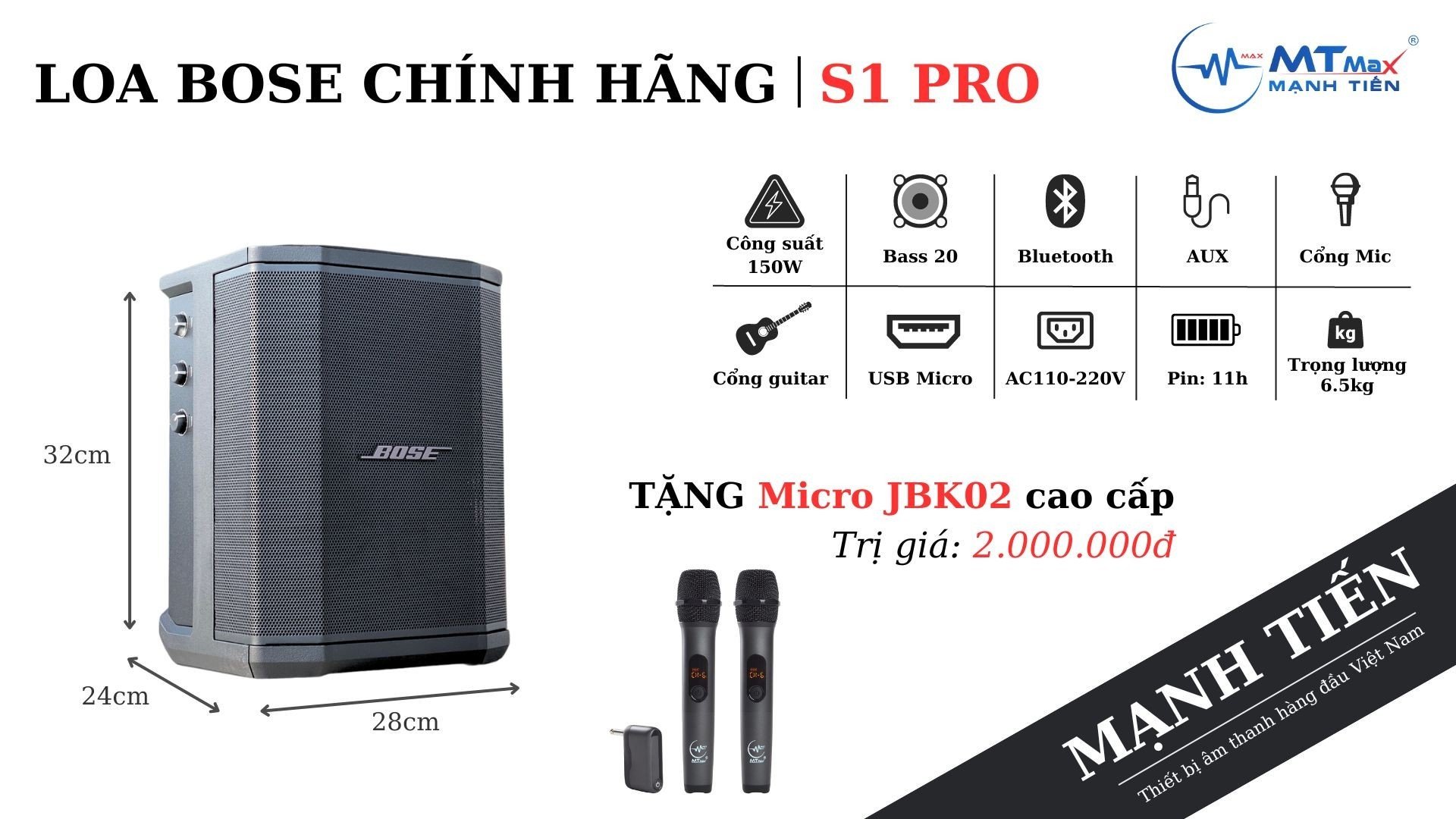 (Tặng Kèm Mic JBK02) Loa  S1 Pro Tặng Mic Cao Cấp - 150W Mixer 3 Kênh, Bluetooth, AUX, Hệ Thống PA All-In-One Hàng Chính Hãng