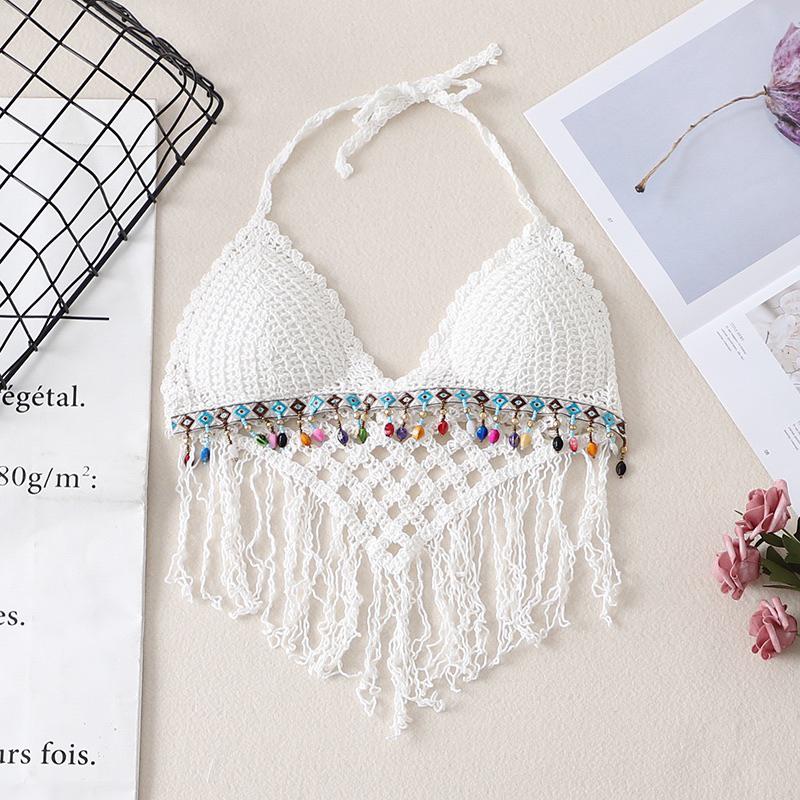 Áo bra len móc tam giác tua rua đính hạt cườm đi biển hot hit