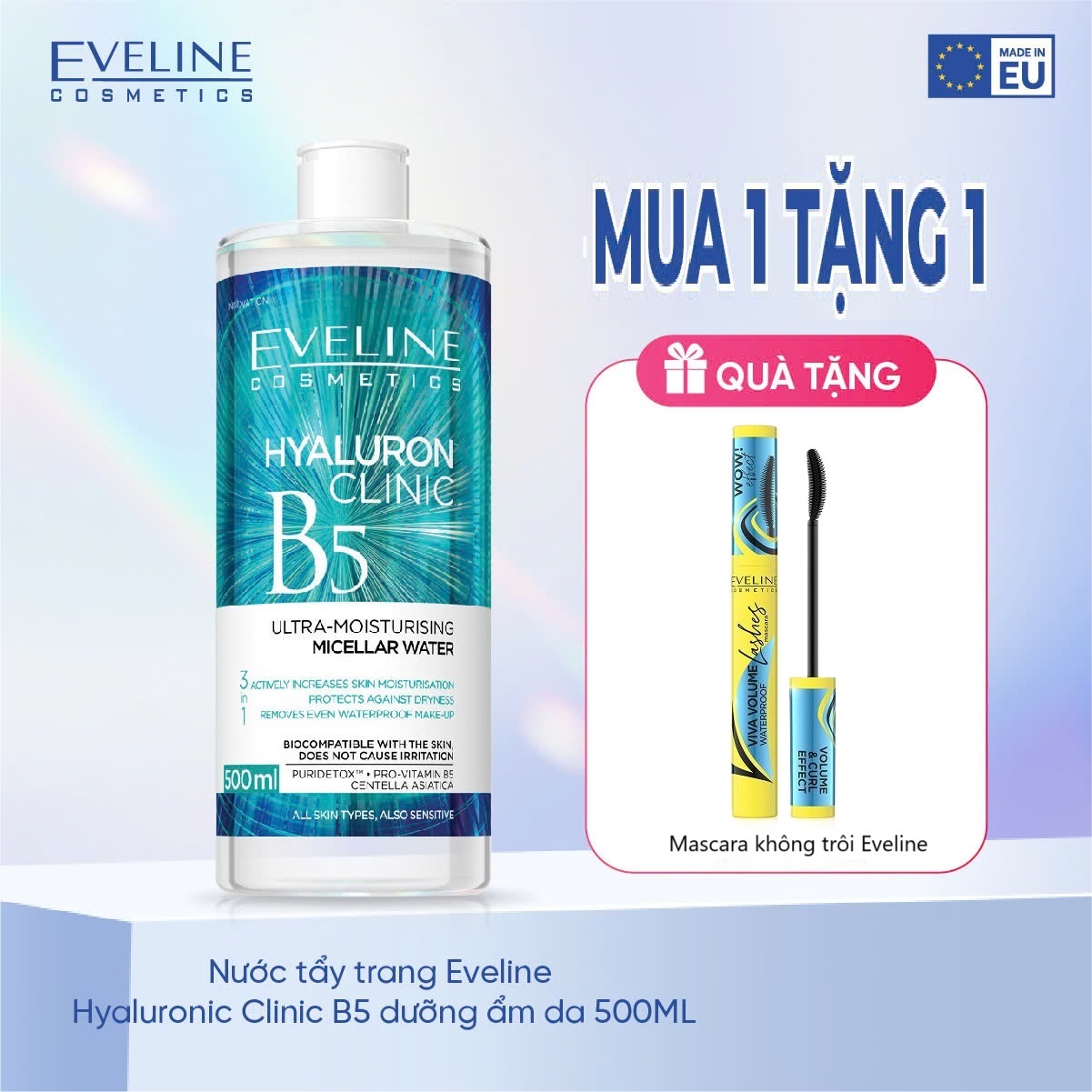 Nước Tẩy trang eveline B5 chiết xuất rau má ngừa mụn, dưỡng ẩm da 500ml