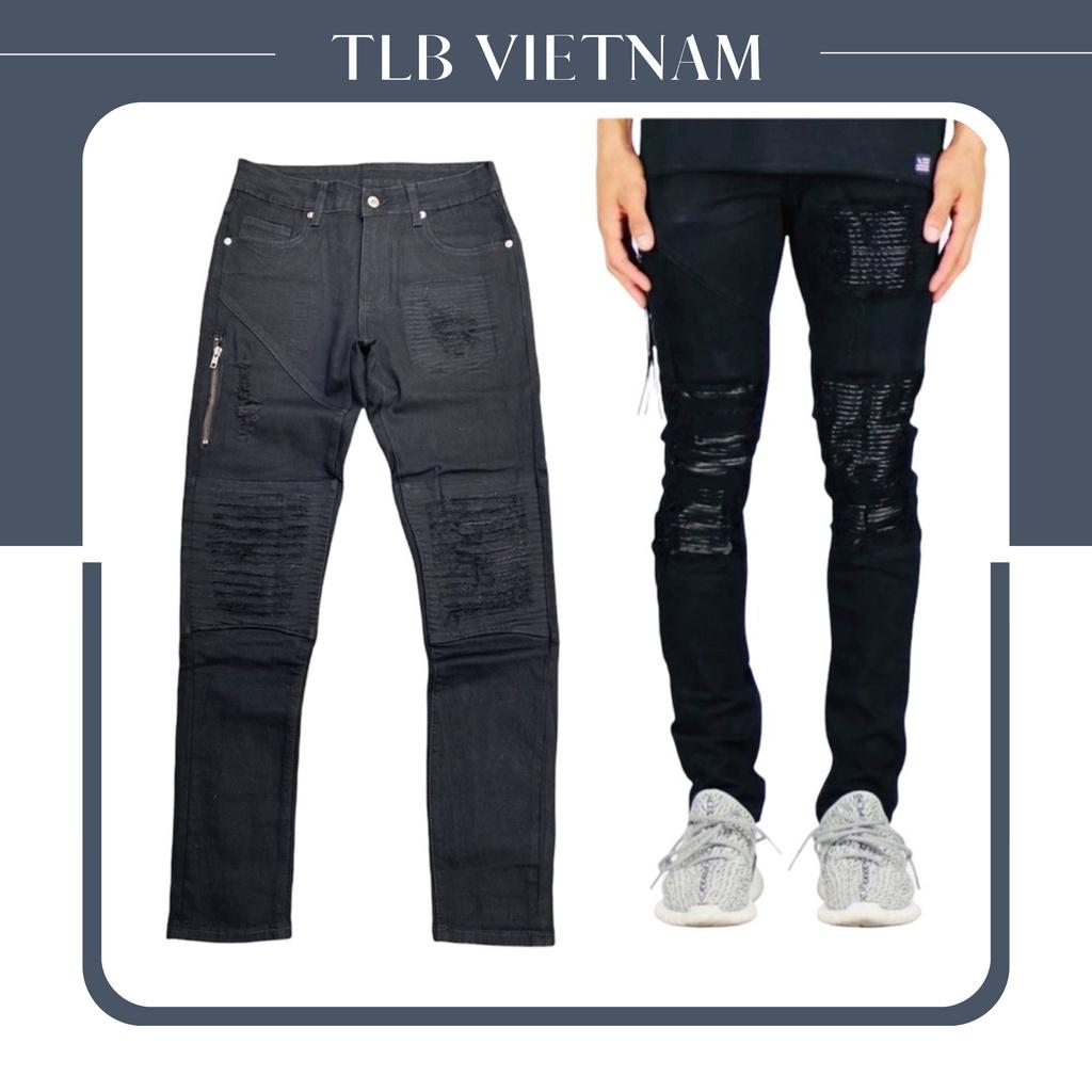 Quần Jean Nam The Luyn Black Màu Đen Rách Gối Tua Sợi Thêu Da Bike Đen Khóa Zipper Thời Trang