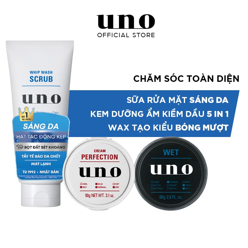 [ƯU ĐÃI TRẢI NGHIỆM] Bộ sản phẩm 03 bước toàn diện: Làm sạch - Dưỡng da kiểm soát nhờn - Định hình tóc (Whip wash Scrub 130g + UNO Cream Perfection 90g + UNO WET EFFECTOR 80g)