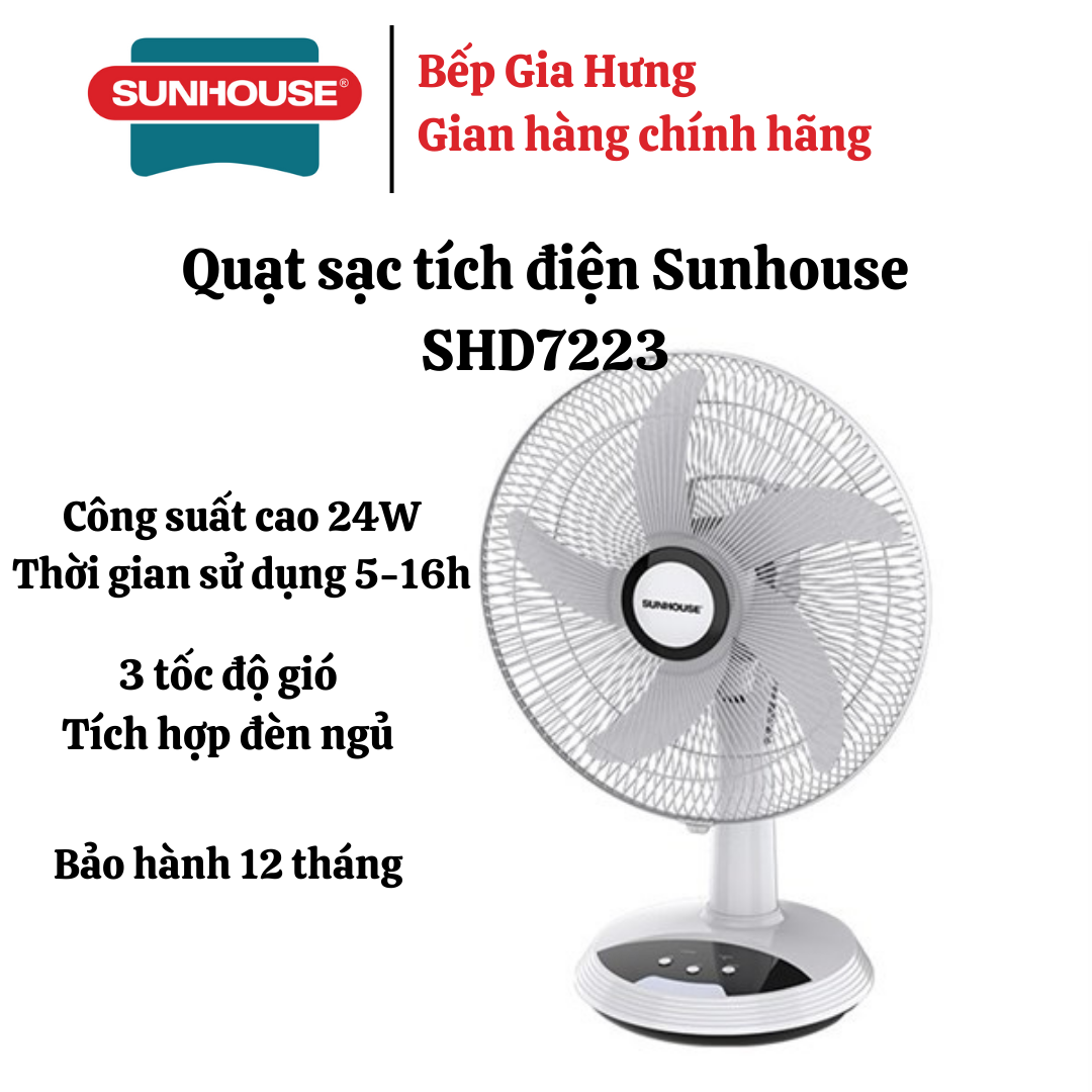 Quạt Sạc Tích Điện Sunhouse Shd7223 Lên Đến 16H - Hàng Chính Hãng