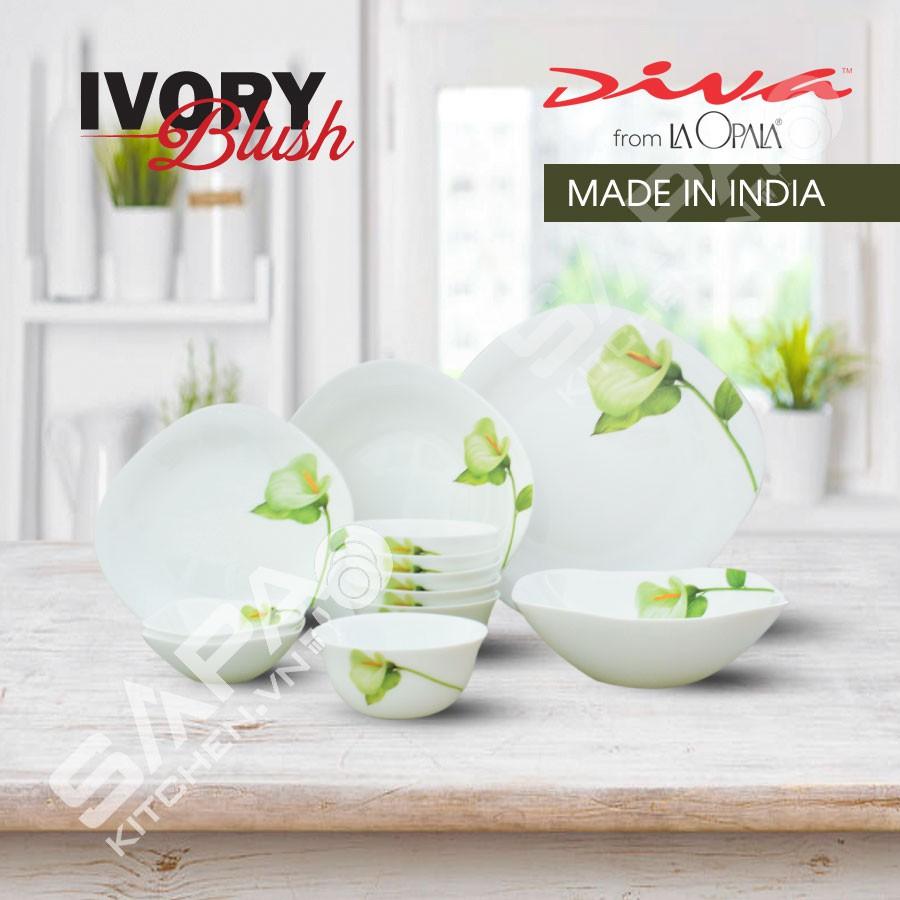 Bộ chén đĩa thủy tinh vuông tròn Diva Ivory Y.G - IB 12 món (La Opala)