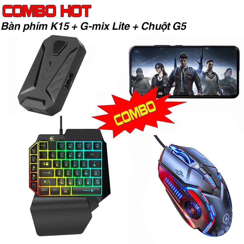 Vinetteam Combo Bộ Chuyển Đổi Chơi Game Gmix Lite + Bàn Phím K15 + Chuột G5 Hỗ Trợ Chơi Game Pubg Mobile COD Freefire World of Tank - Hàng Chính Hãng