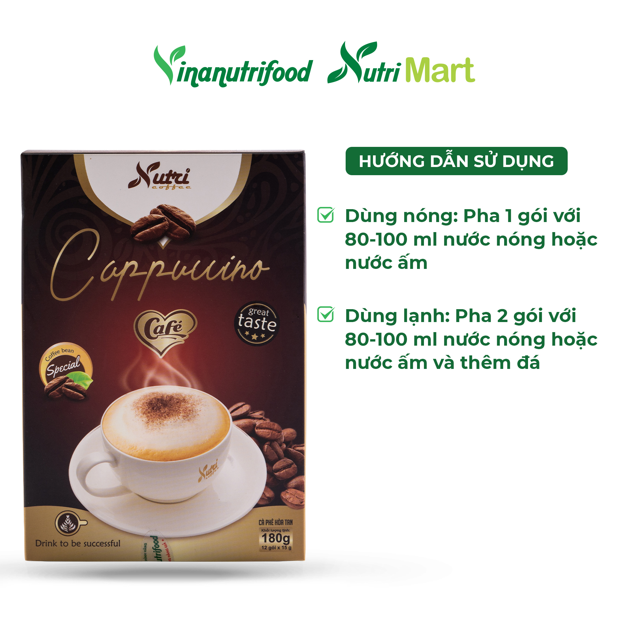 Cà phê capuchino Vinanutrifood C01, cafe thơm ngon hấp dẫn cùng vị béo ngậy tạo sự cuốn hút, giúp khơi dậy tinh thần, sự sảng khoái tỉnh táo để làm việc, học tập hiệu quả, đảm bảo an toàn thực phẩm tiêu chuẩn GMP - WHO (15g x 12 gói)