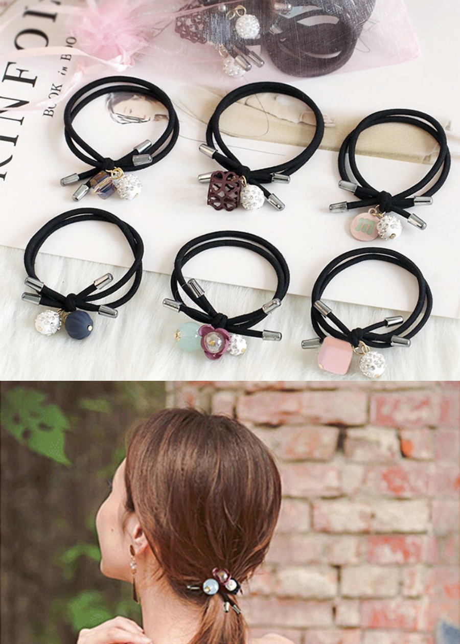 Bộ 6 dây thun buộc tóc, cột tóc đính hạt châu kiểu Hàn Quốc xinh xắn cho bạn gái kèm túi voan dây rút tiện lợi