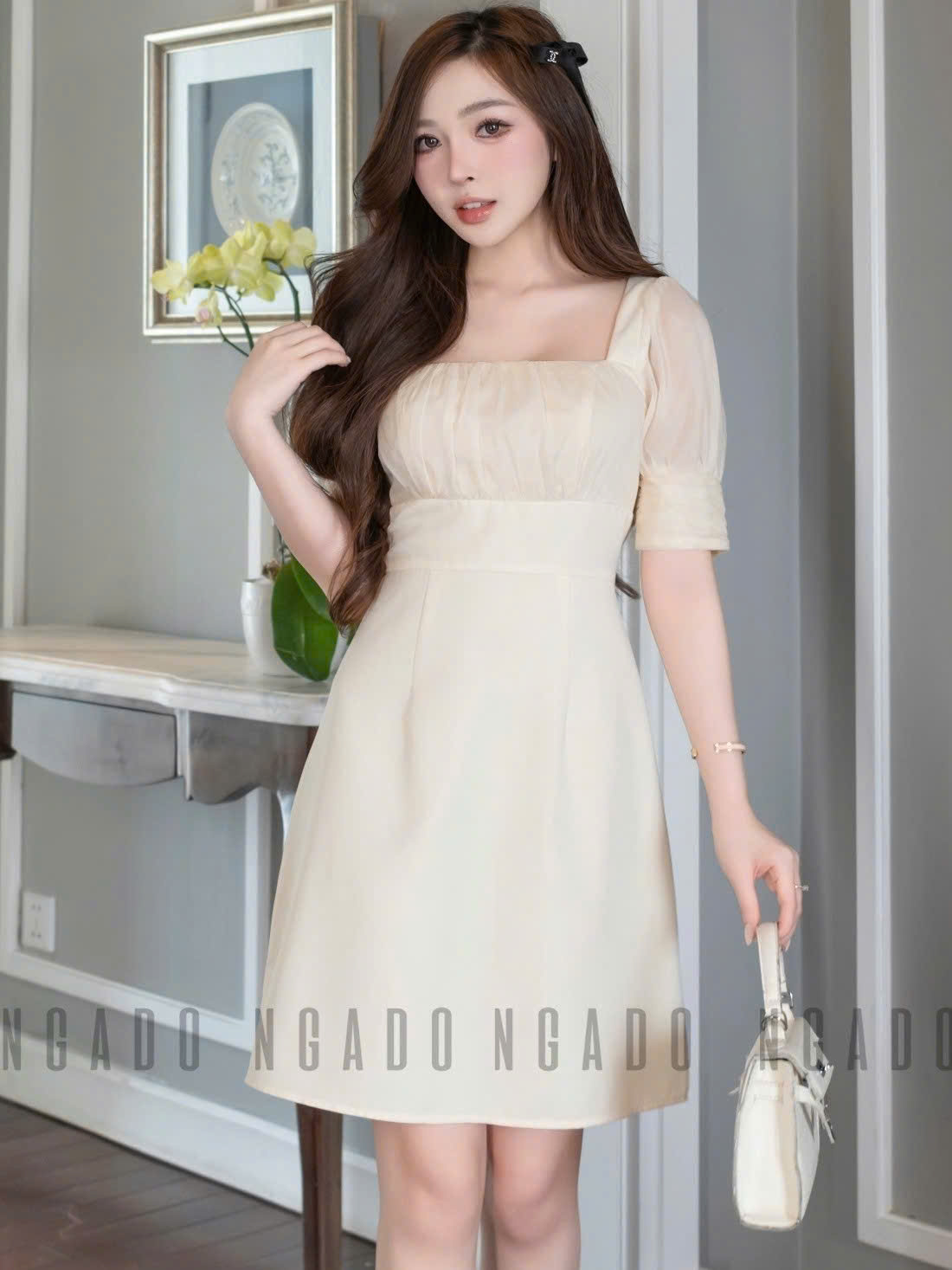 Đầm kem cổ vuông phối voan NGADO , đầm kiểu Nữ , đầm voan