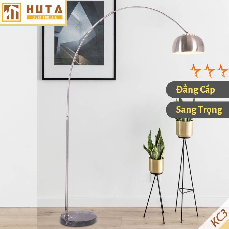 Đèn Cây Đứng HUTA KC3 Thân Cong Inox, Trang Trí Phòng Khách Phòng Ngủ, Sofa, Góc Tường, Cao Cấp Sang Trọng, Bóng Led Ánh Sáng Vàng Tiết Kiệm Điện