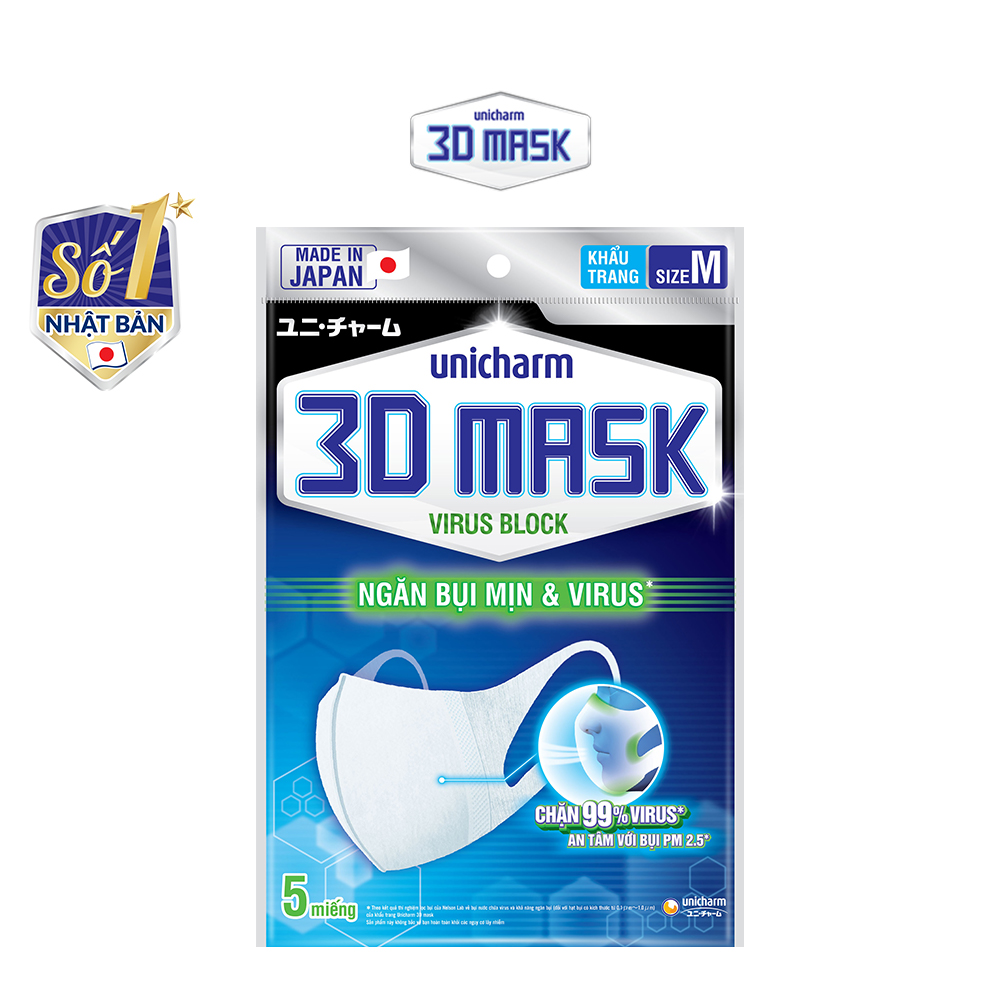 Bộ 6 Khẩu trang ngăn vi khuẩn Unicharm 3D Mask Virus Block (Ngăn được bụi mịn PM2.5) size M gói 5 miếng