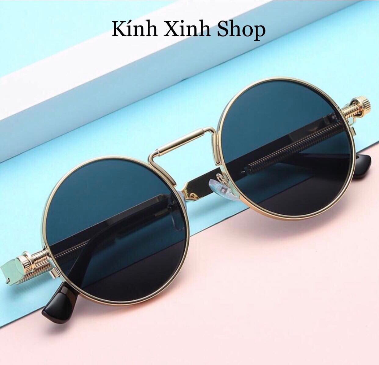 Kính râm Nam Mắt Tròn Gọng Kim Loại Lò Xo Cao Cấp + Tặng Hộp đựng, Khăn lau