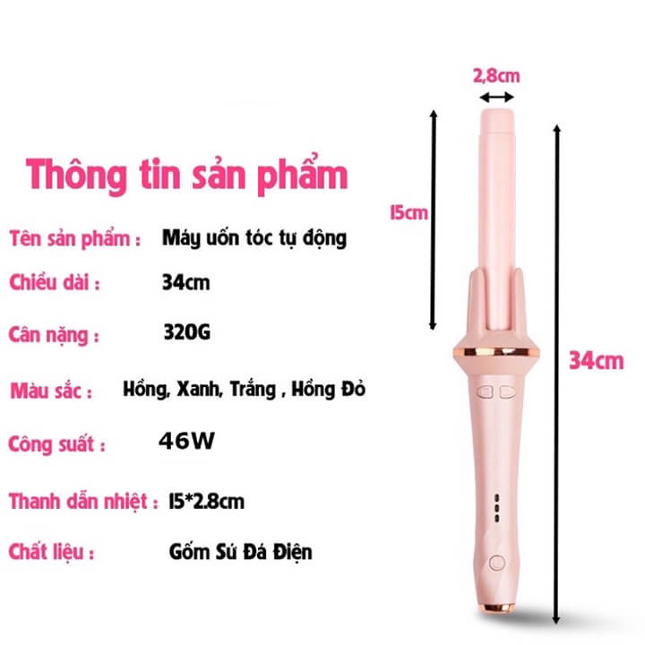 Máy uốn tóc xoăn tự động xoay 360 độ phủ gốm sứ trục 28mm, 3 mức chỉnh nhiệt an toàn