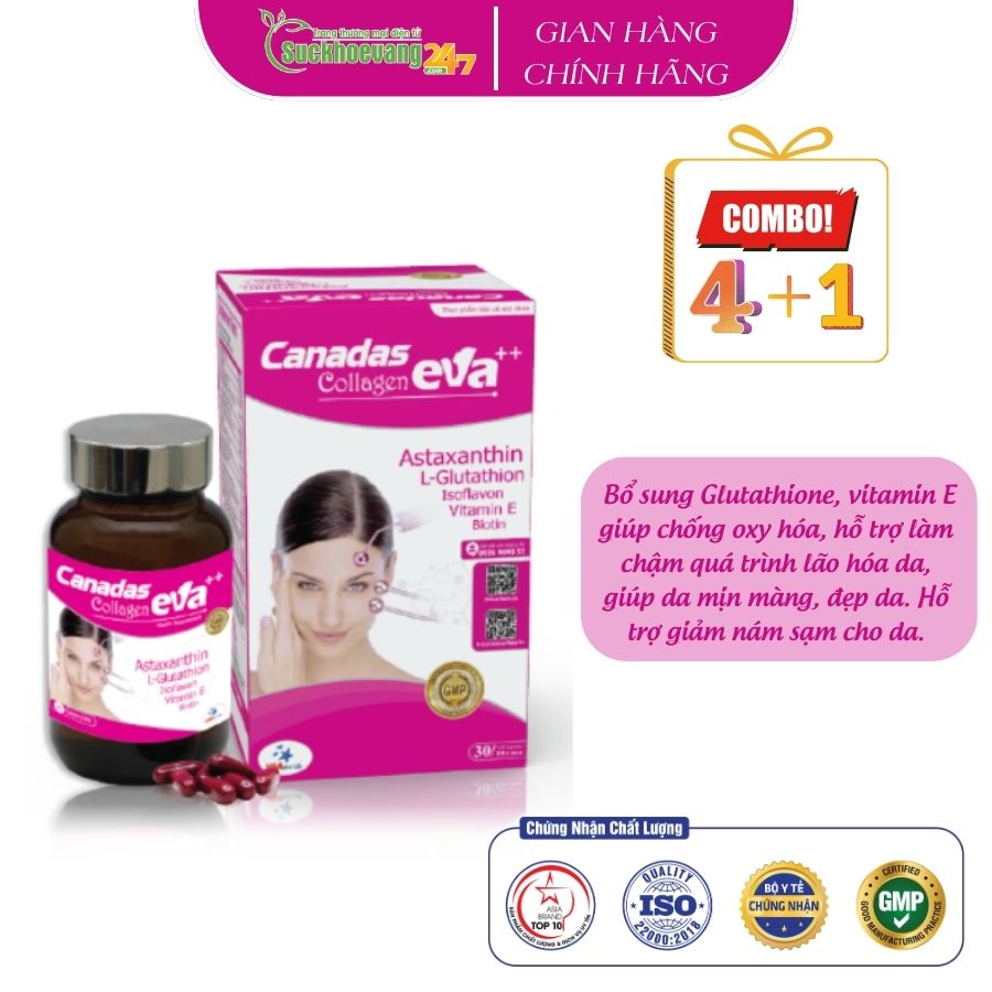 Viên uống USADENALI Canadas Collagen Eva++ bổ sung Glutathione, vitamin E chống oxy hóa, ngăn ngừa lão hóa - Hộp 30v
