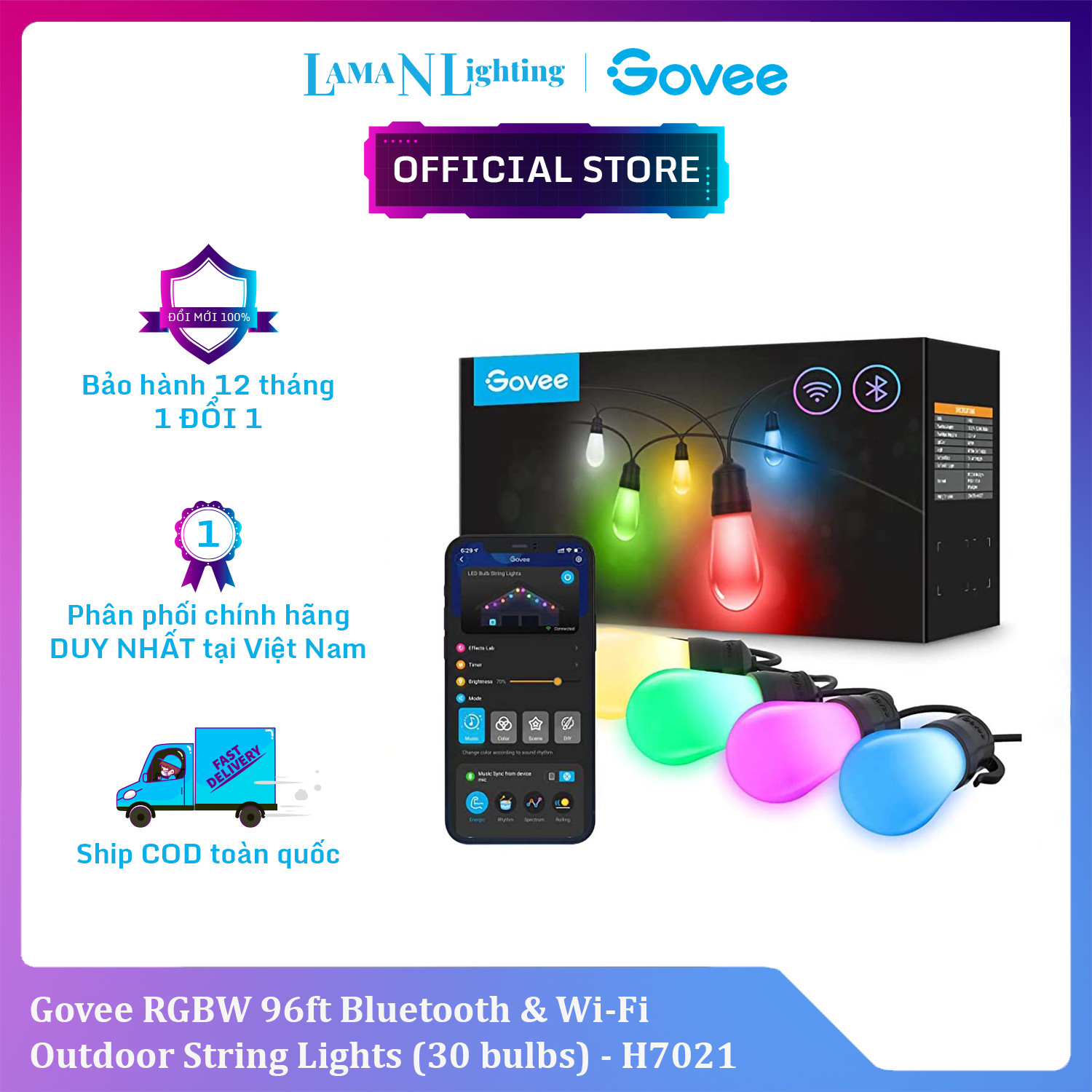 Đèn treo ngoài trời Govee RGBW 96ft Bluetooth & Wi-Fi Outdoor String Lights H7021 | Thiết kế hiện đại | Khả năng chống thấm nước | Dễ dàng thao tác và lắp đặt