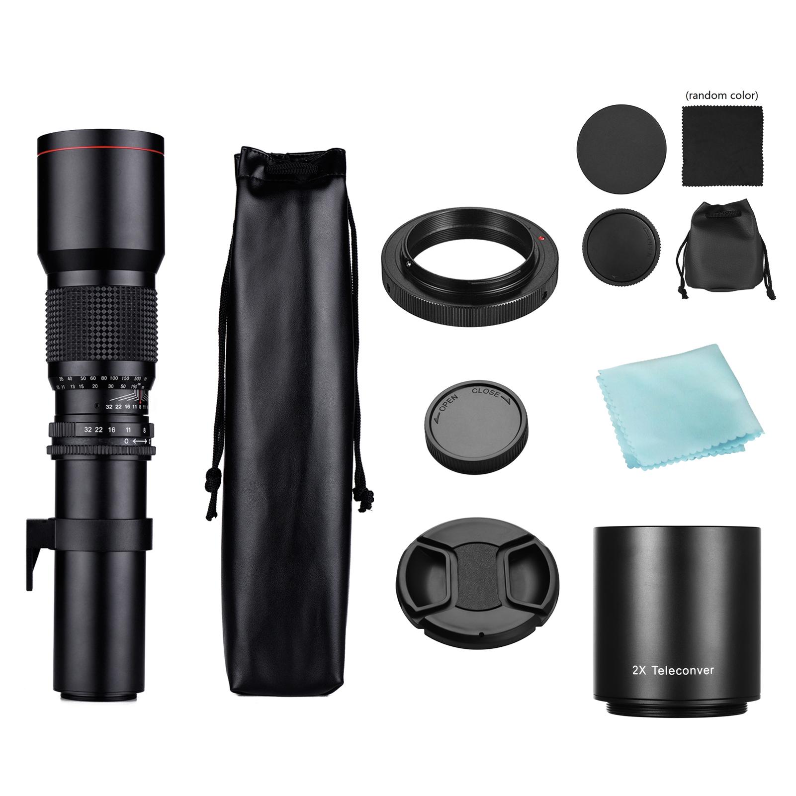 Camera Super Telephoto Lens 500mm F/8.0-32 Manual Zoom T-Mount+2X 500mm Teleconverter Lens+T2-AI Adapter Ring for Nikon