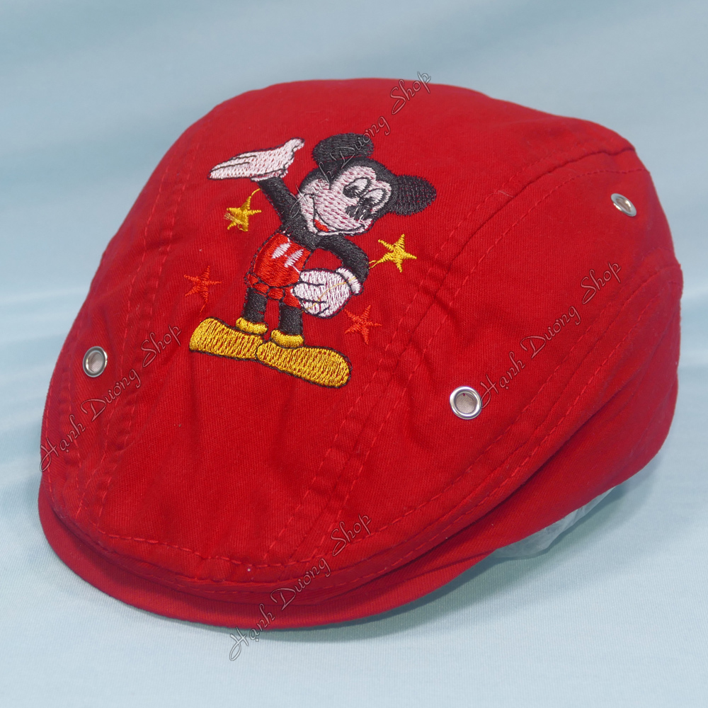 Mũ bê rê trẻ em dành cho bé từ 2 đến 4 tuổi thêu hình chuột Mickey thời trang, có đuôi dán tăng giảm size như ý