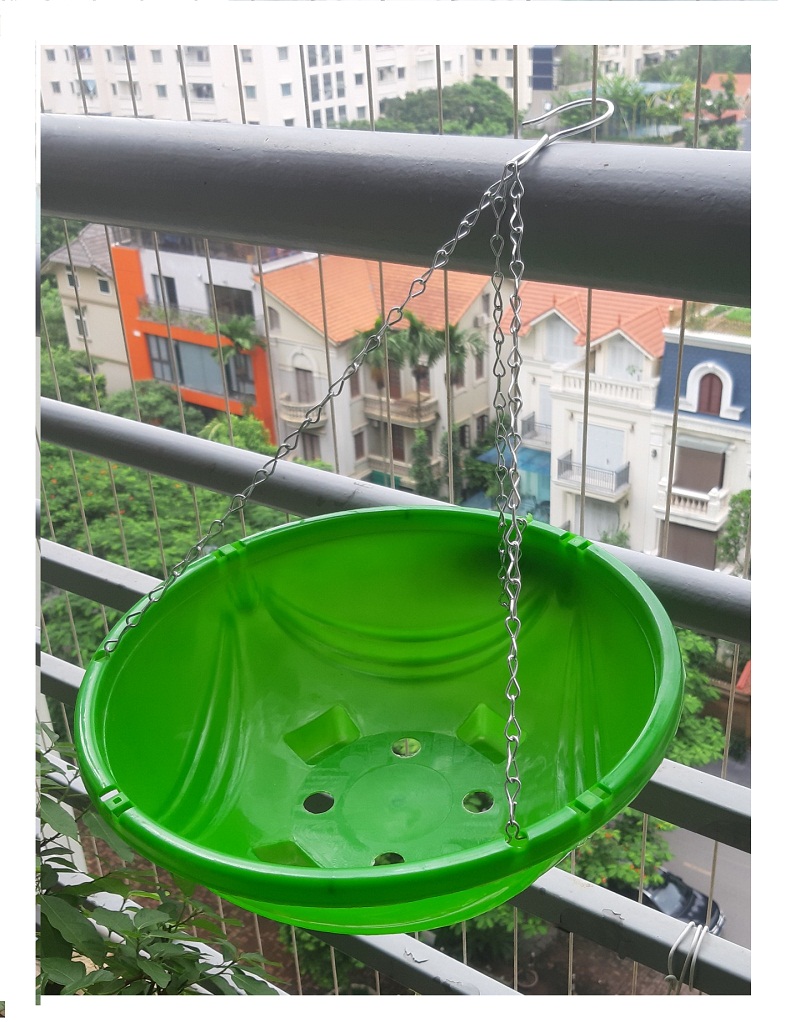 2 Chậu Nhựa Tròn Trồng Hoa Màu Xanh Có Móc Treo - Chậu chảo treo trồng hoa có móc xích kèm theo! KT: 33x13 cm