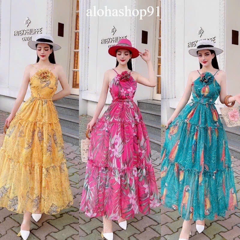 Đầm maxxi BÔNG CỔ CỘT NƠ SAU LƯNG MOCKING 3 MÀU Y HÌNH