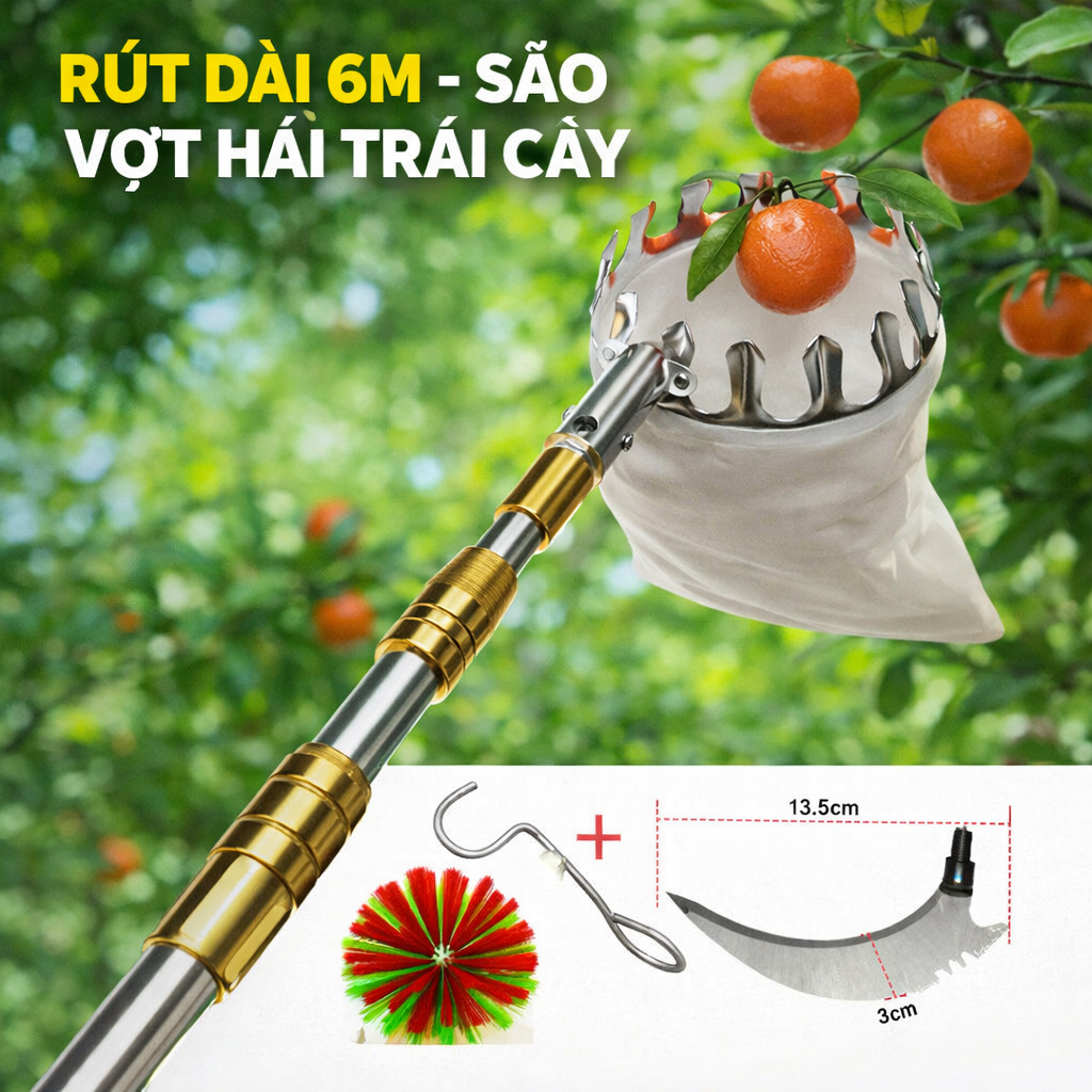 Sào Hái Trái Cây Đa Năng Inox Rút Dài 6M – Bộ Dụng Cụ Hái Quả Trên Cao Kèm 4 Phụ Kiện
