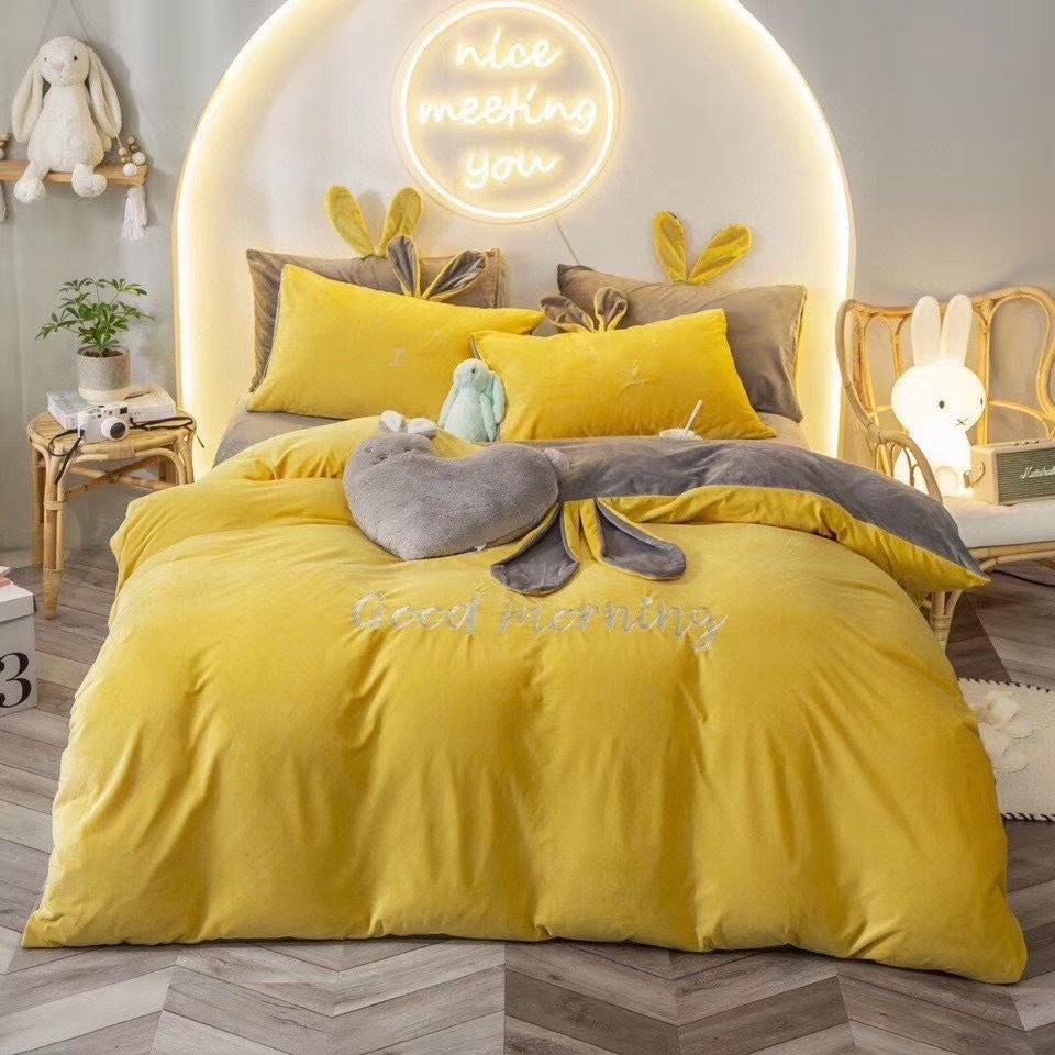 Bộ Chăn Ga Gối Nỉ Nhung Tai Thỏ Cao Cấp Siêu Mềm Mịn - loại 1