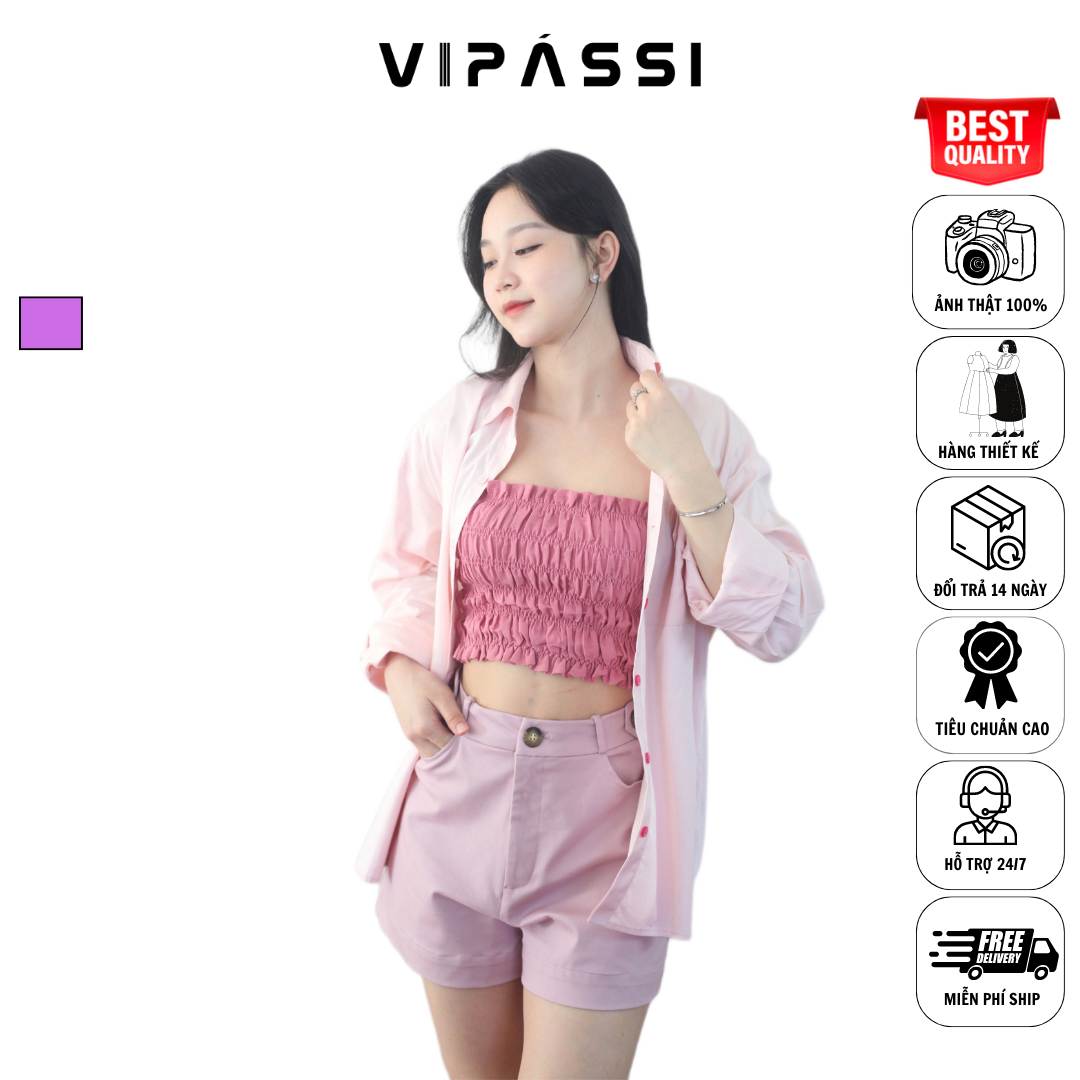 VIPÁSSI Áo Hai Dây Cotton Ôm Body Ngắn Ngang Eo Nhún Thun Smocking Hồng