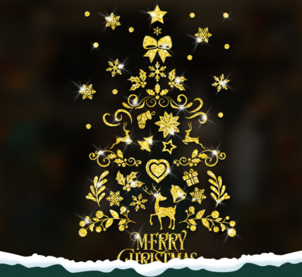 Decal trang trí Noel - Cây thông Noel phụ kiện vàng lấp lánh