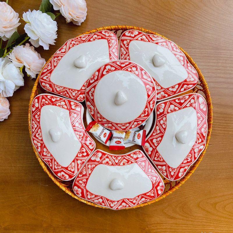 KHAY MÂY GỐM SỨ 6 KHAY CÓ NẮP ĐẬY SỨ