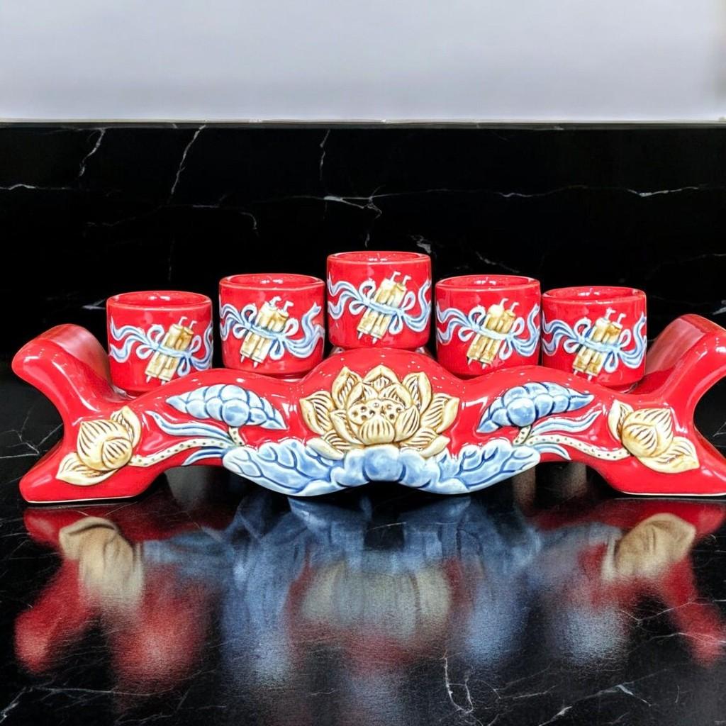 Bộ đồ thờ RỒNG VIỆT men đỏ sen đắp nổi Bát Tràng tinh xảo, hoàn hảo cho thờ thần tài và thờ Phật