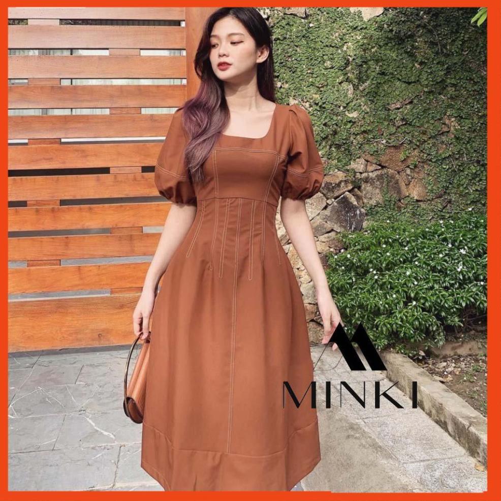 ĐẦM CỔ VUÔNG VIỀN GÂN - CHẤT LIỆU KAKI NHẬP KHẨU - MÀU NÂU CAM VÀ ĐEN SANG TRỌNG - HÀNG THIẾT KẾ _HOT