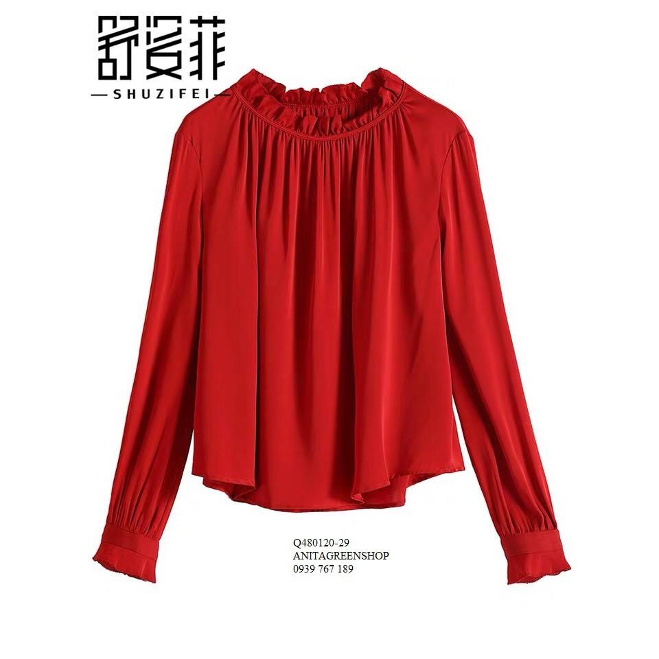Q480120 ÁO BÈO CỔ NHÚN MÀU ĐỎ