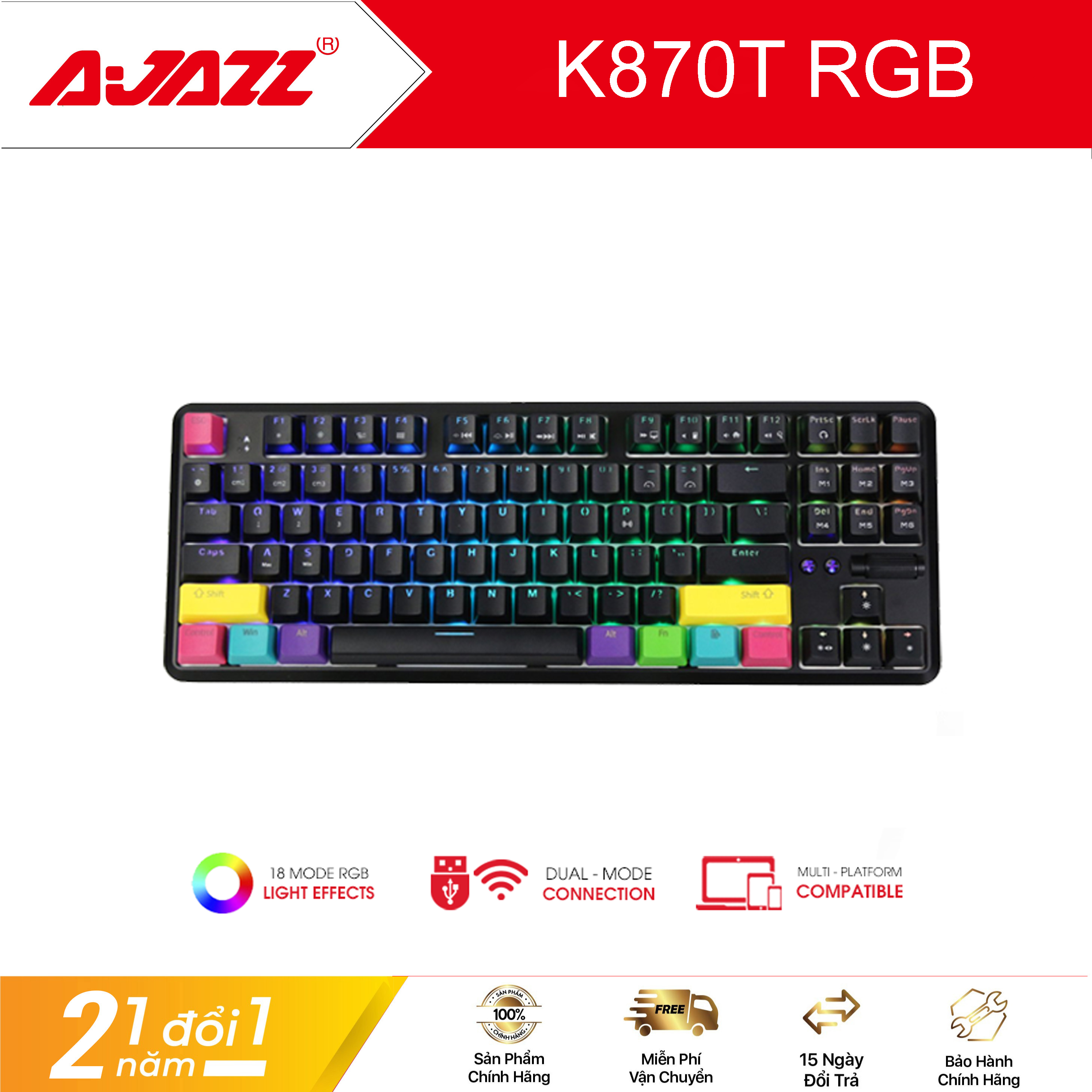 Bàn phím cơ Ajazz K870T Black RGB Bluetooth/Type-C- Hàng chính hãng