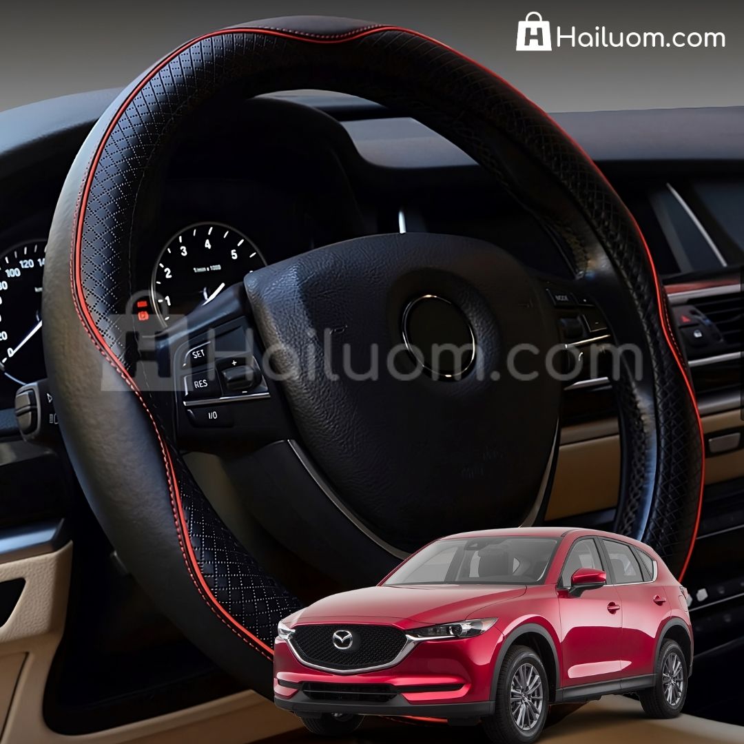 Bọc Vô Lăng ô tô cho MAZDA CX5 Da Thật Cao Cấp - Màu Đen Chỉ Đỏ