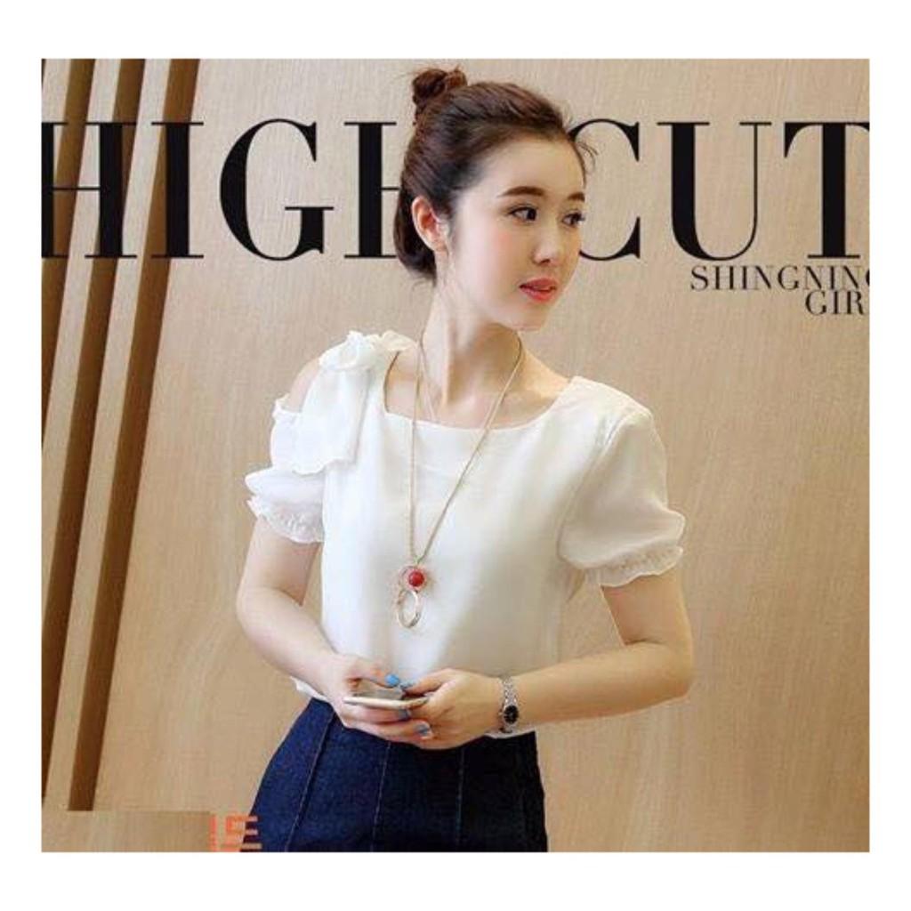 Áo công sở tay rớt đính nơ vai trắng