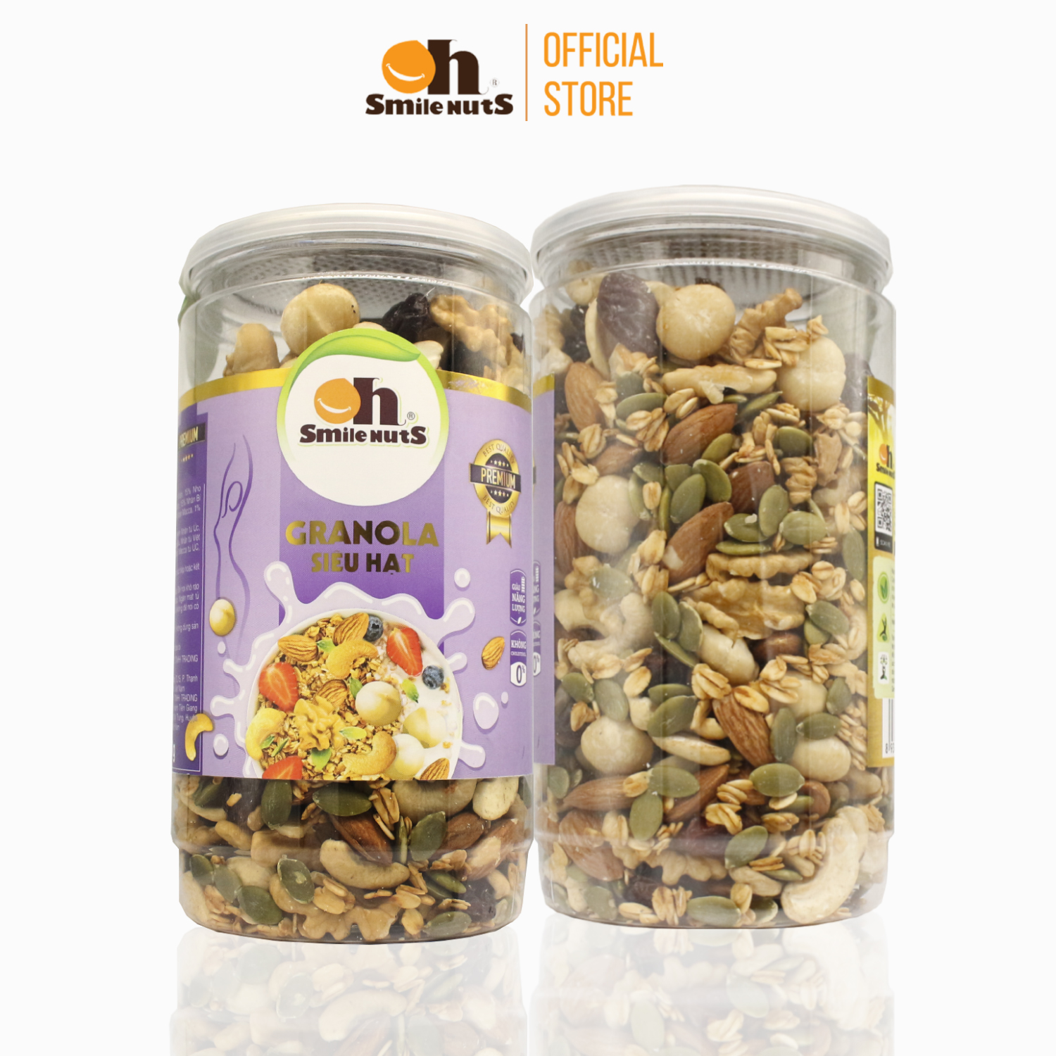 Hình ảnh Granola Siêu Hạt Smilenuts Gồm Hạnh Nhân, Nho khô, Óc Chó, Yến Mạch, Macca, Hạt điều, Mật ong _ Khối Lượng 500g