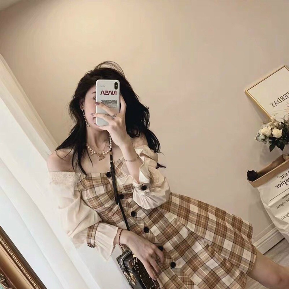 ĐẦM CARO CÀI NÚT THẬT PHỐI TAY BÈO CÓ MÚT PHỐI HỌA TIẾT CỰC ĐIỆU ĐÀ BẮT MẮT