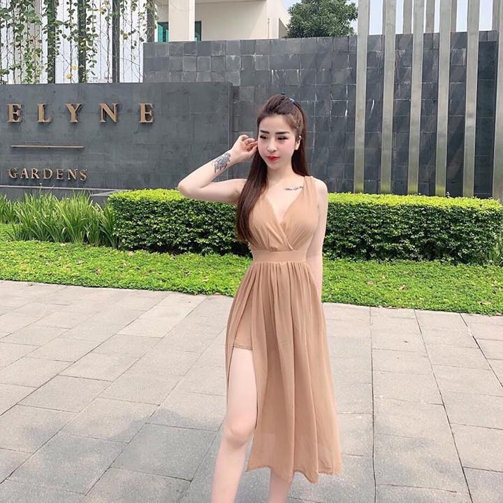 Đầm maxi thiết kế nhún hông xẻ tà thanh lịch dành cho nữ