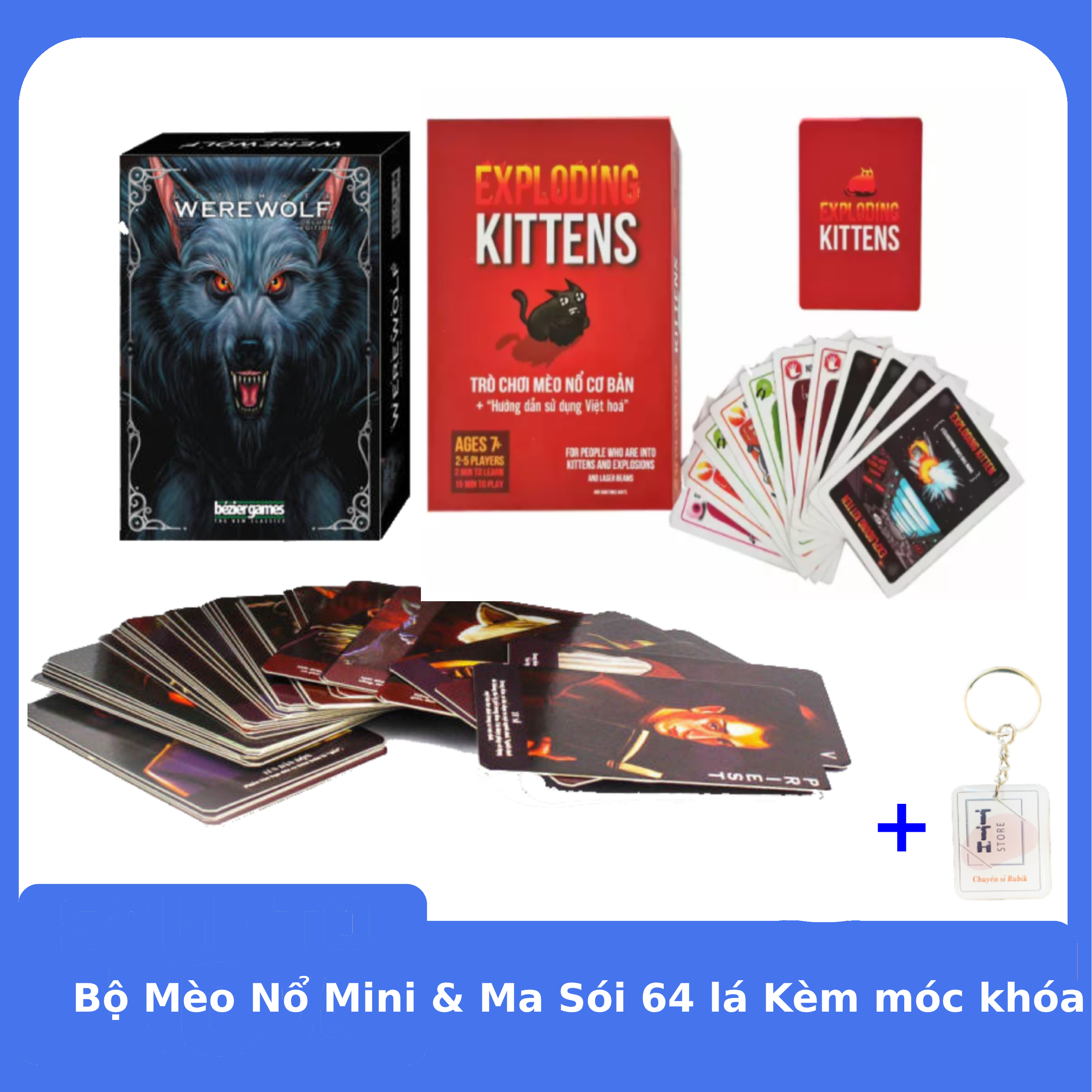 Bộ Mèo Nổ mini và Ma Sói 64 lá kèm Móc khóa TTH